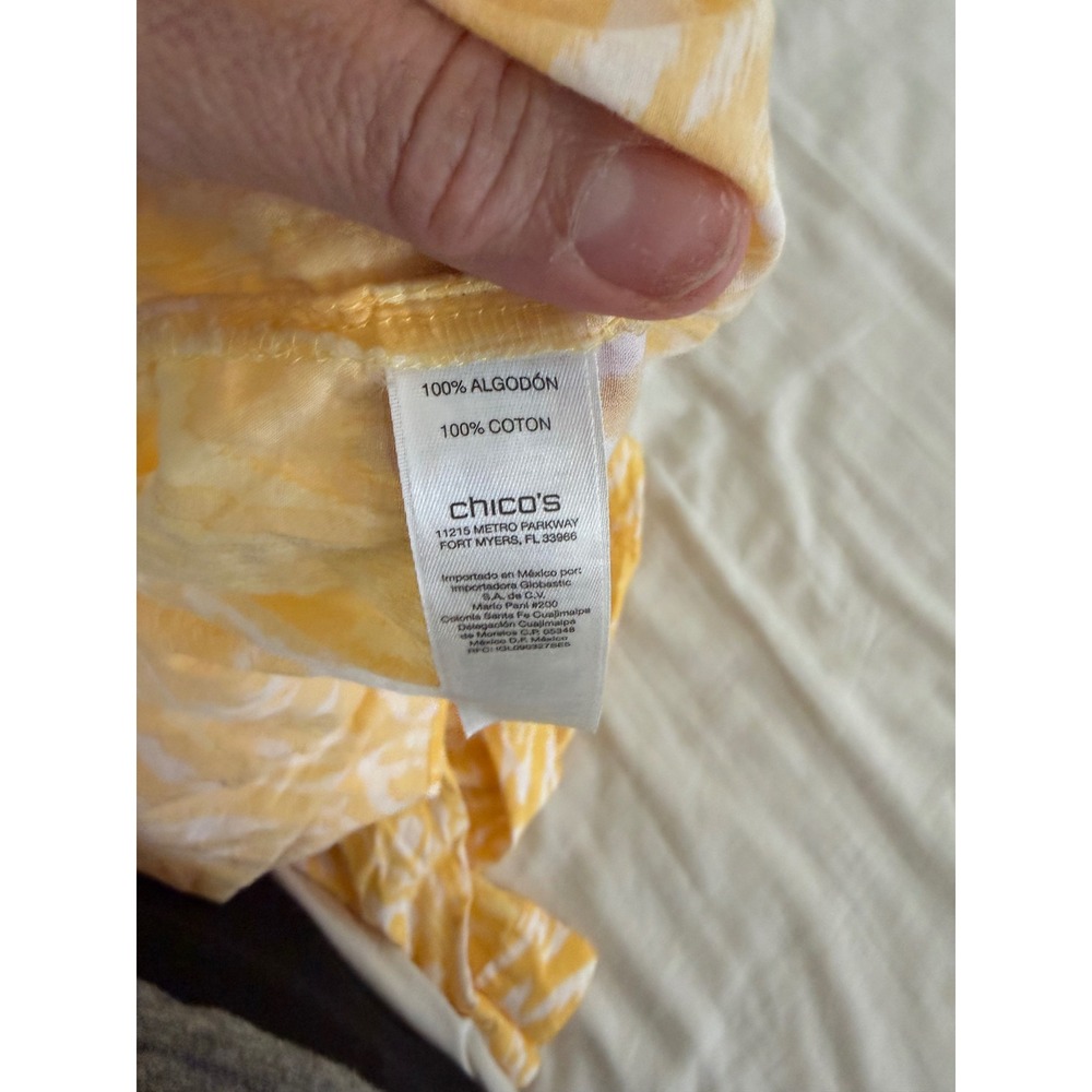 Chico's Yellow Ikat Print 100% Cotton Button Front Shirt Size XL Resort Coastal - Picture 5 of 7